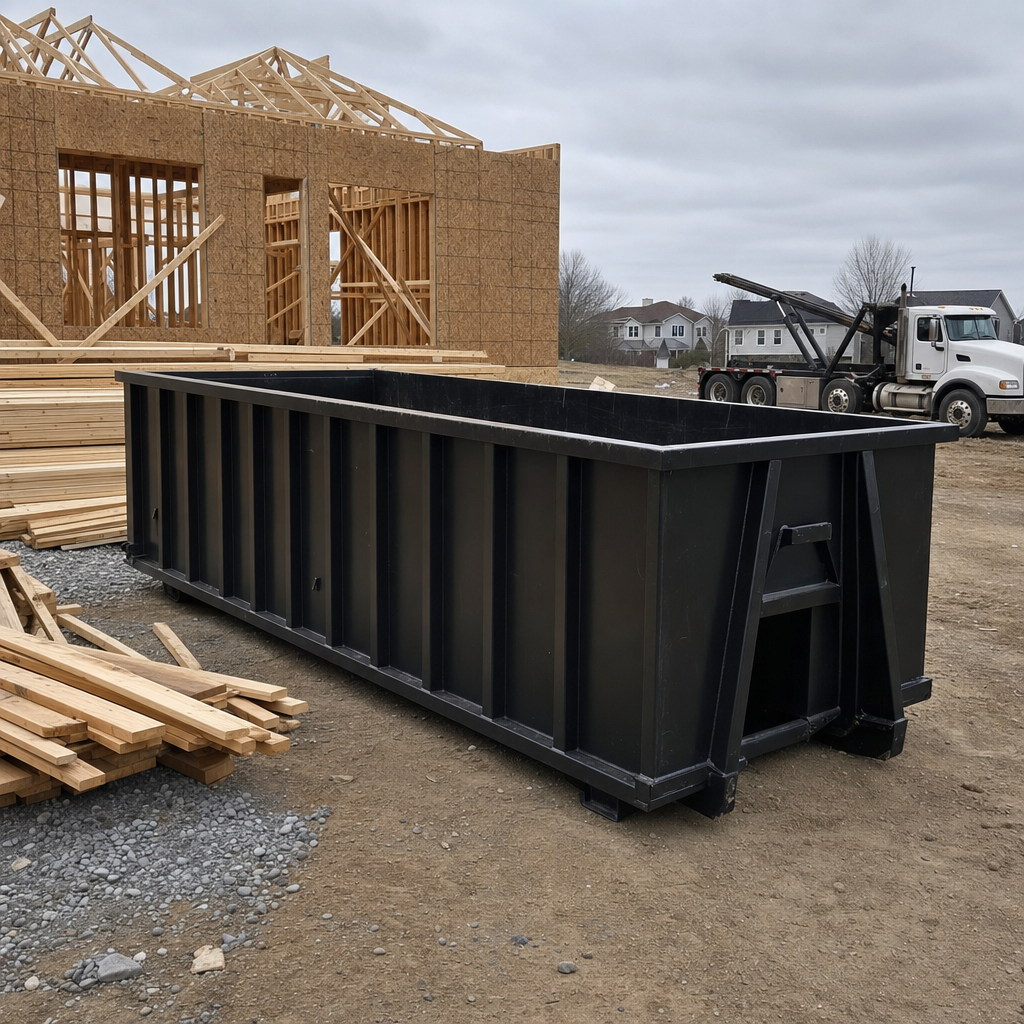Matte-black 40-yard roll-off dumpster staged on a framed-out residential construction site in Helena, framing lumber stacked nearby, hooklift delivery truck visible in the background under bright Colorado daylight