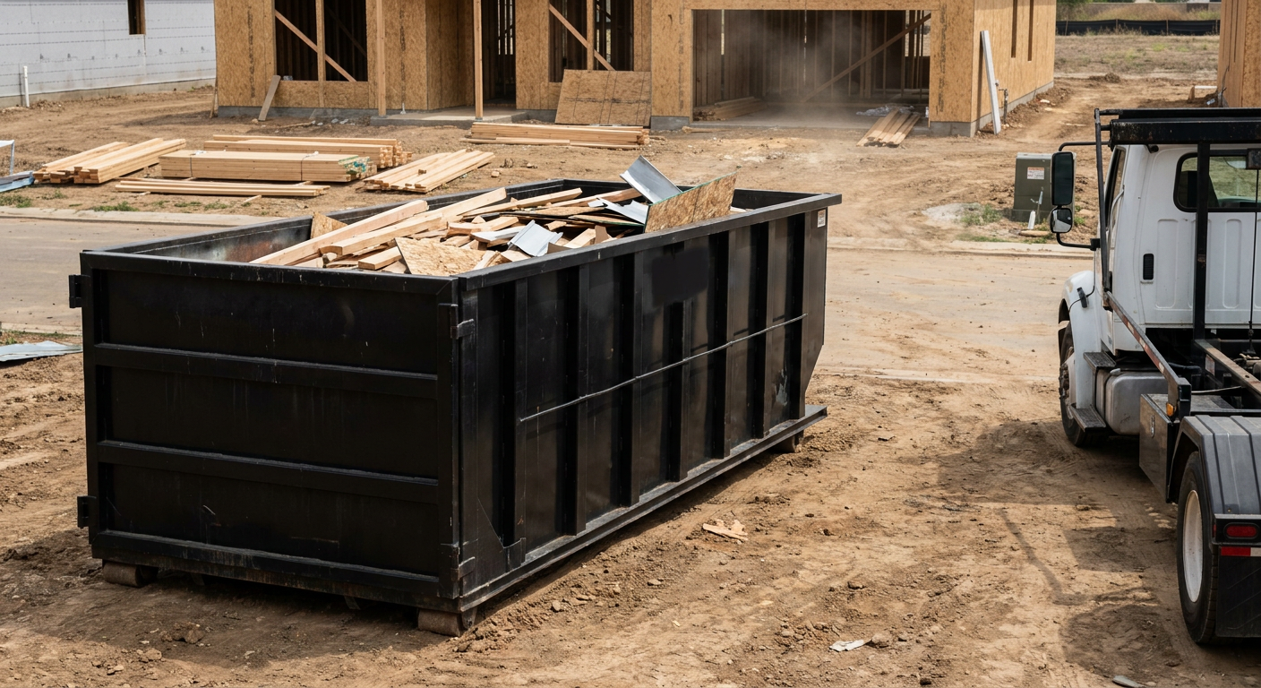 Matte-black 20-yard roll-off construction dumpster with heavy ribbed steel sidewalls and swing rear doors at a working jobsite in Helena, sitting directly on compacted dirt with an unmarked white hauler partially visible at the far edge of the frame.