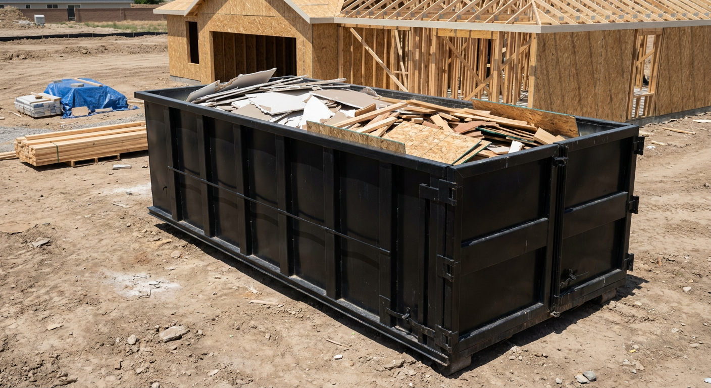 Matte-black 30-yard roll-off construction dumpster sitting directly on the compacted-dirt site of a framed single-family home build in Helena, drywall and lumber scrap loaded inside.