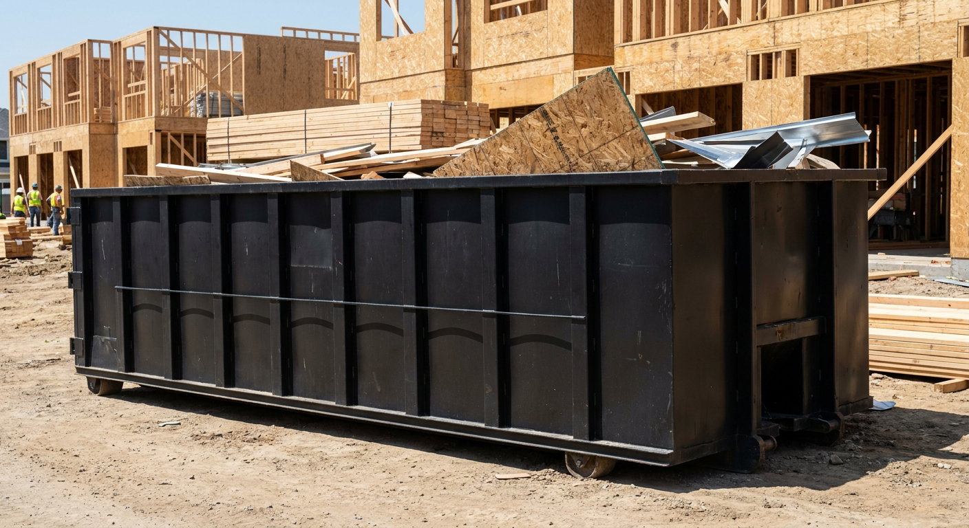 Matte-black 40-yard roll-off construction dumpster being lowered from a white-cab hooklift delivery truck onto the compacted-dirt jobsite at a commercial build site in Helena