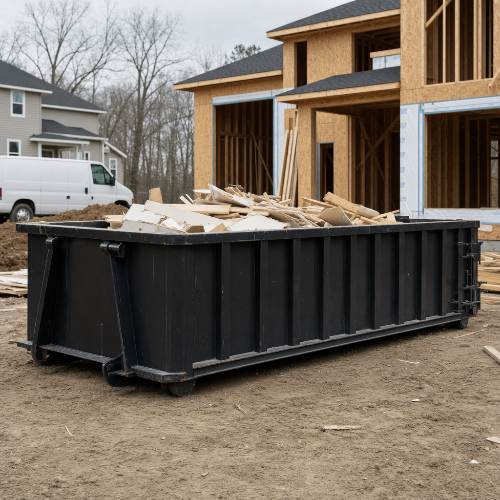 Worker in a yellow high-visibility vest tossing framing lumber and broken drywall into a matte-black 30-yard construction roll-off dumpster on an active build site in Helena, bright daylight