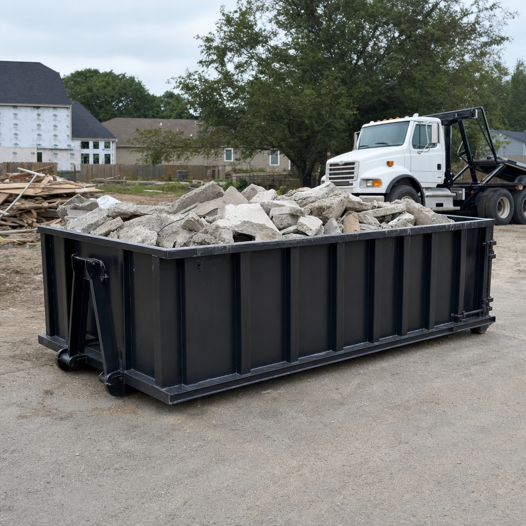 Low-profile matte-black lowboy roll-off dumpster loaded with broken concrete slab and rebar at a foundation tear-out in Helena, skid steer parked beside it, sunny Colorado morning