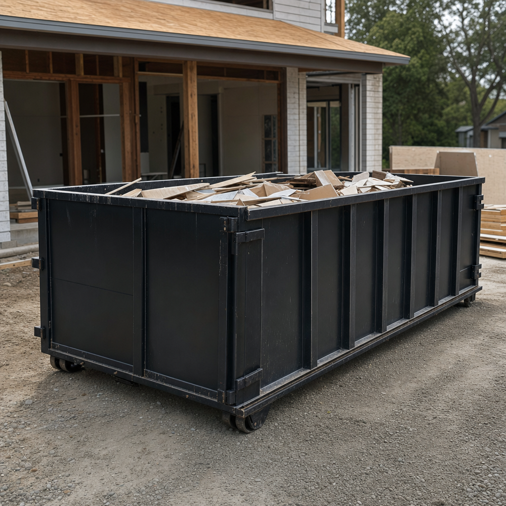 Large matte-black 30-yard construction roll-off dumpster at an active Helena jobsite, steel-gray top rails and bottom rollers visible, loaded with construction debris.