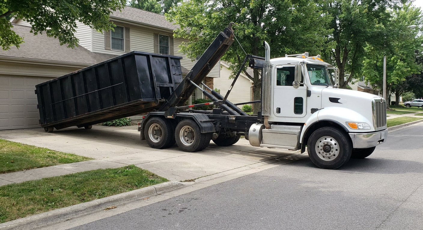 White-cab hooklift roll-off truck actively lowering a matte-black dumpster onto a Helena residential concrete driveway, the dumpster's rear wheels touching the driveway as the hoist arm tilts the bed forward, mid-morning daylight.
