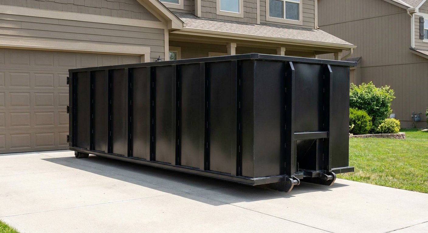 Matte-black residential roll-off dumpster sitting directly on a suburban Helena concrete driveway, garage door closed, single-family home in background, bright morning daylight.