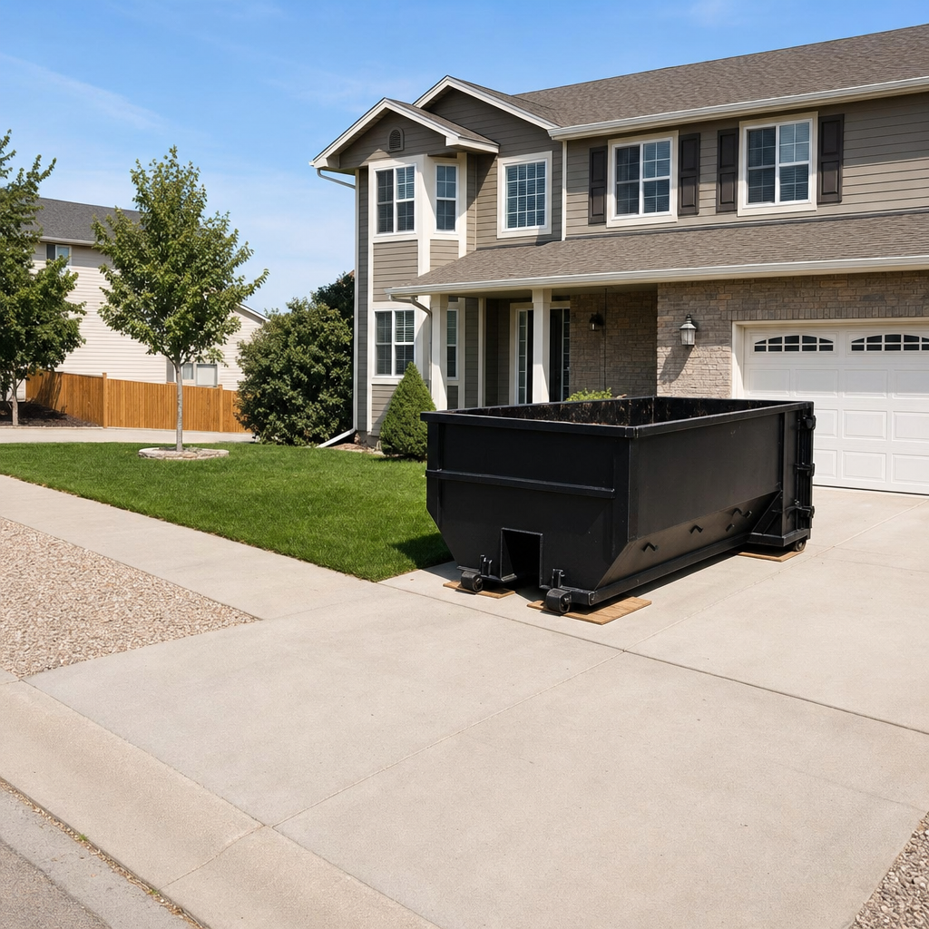 10-yard matte-black residential dumpster placed directly on a narrow Helena concrete driveway, room remains for a parked sedan beside it, mid-morning natural light