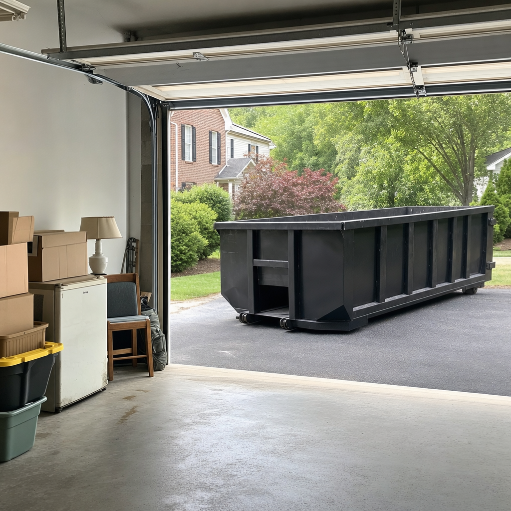 Open garage interior in a Helena home mid-cleanout — boxed items, an old appliance, and stacked yard tools queued near the driveway for a matte-black roll-off dumpster, organized and calm
