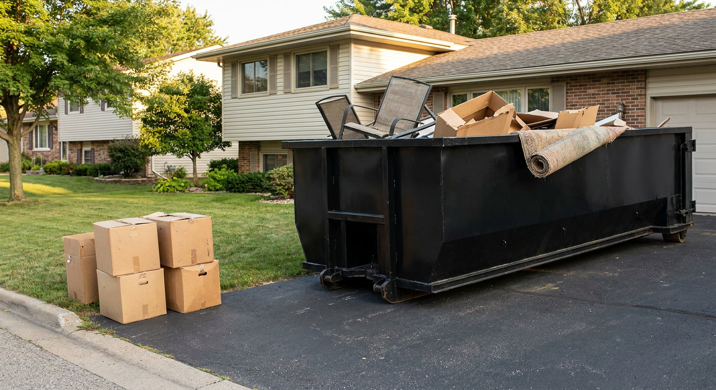 Front-yard view of a Helena split-level home with a 20-yard matte-black roll-off dumpster sitting directly on the asphalt driveway, a few clearly labeled donation boxes staged at the curb, calm sunny afternoon.