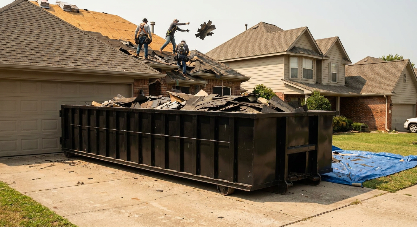 Matte-black roofing roll-off dumpster placed directly on a Helena residential concrete driveway, a tear-off crew on a two-story asphalt-shingle roof tossing shingle bundles into the low-walled container, bright daylight, documentary 35mm perspective.