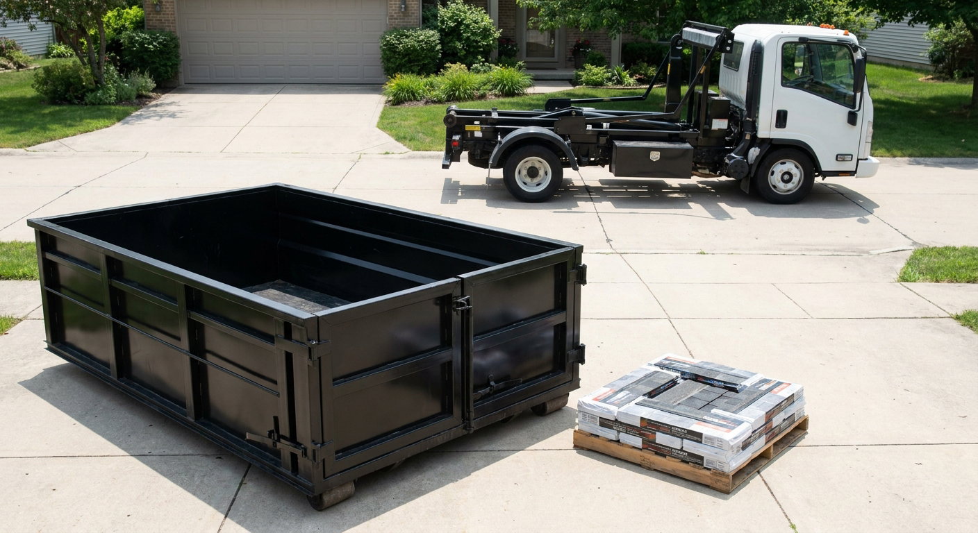 Matte-black 15-yard roofing roll-off dumpster with reinforced low side walls sitting directly on a Helena residential concrete driveway, three-tab asphalt shingle bundles stacked nearby, an unmarked white hauler truck partially visible at the edge of the frame.