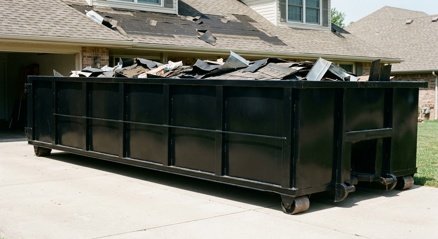 Matte-black 20-yard roofing roll-off dumpster with steel ribbed sides and swinging rear door, sitting directly on the concrete driveway of a two-story Helena home, asphalt shingle debris being loaded over the low wall, clean documentary lighting.