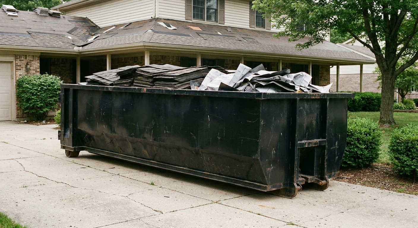Matte-black 30-yard roofing roll-off dumpster sitting directly on a Helena concrete driveway, taller ribbed steel side panels, mixed tear-off debris of asphalt shingles and underlayment inside, professional documentary daylight.