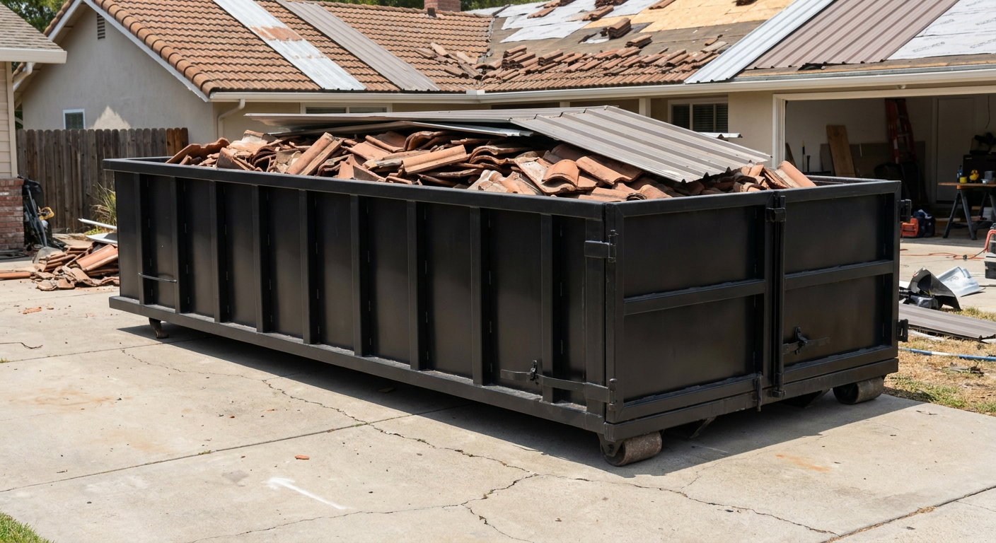Matte-black low-wall heavy-debris roofing roll-off dumpster sitting directly on a Helena concrete driveway, broken concrete clay roof tiles and metal panel sections loaded inside, reinforced ribbed steel side walls visible, bright outdoor daylight.