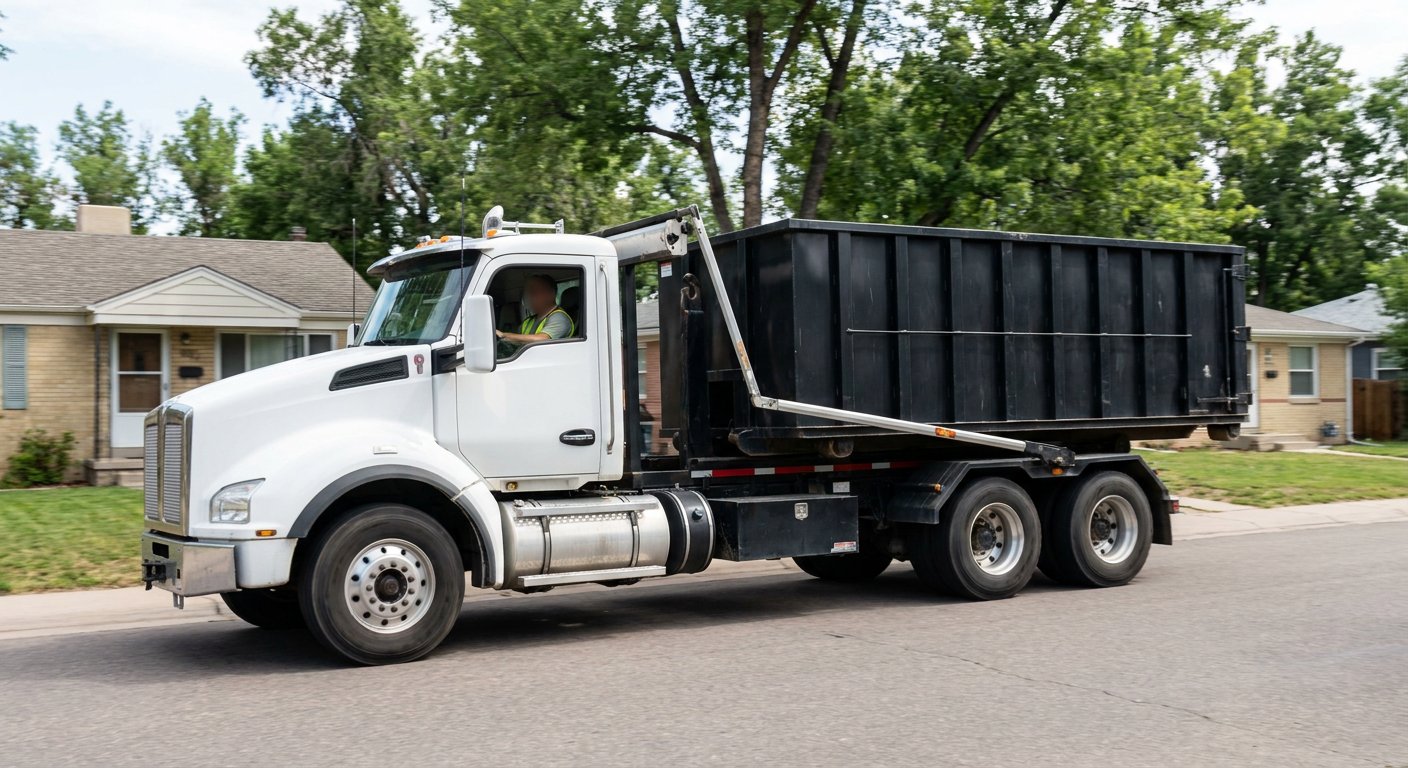 A wide documentary shot of a matte-black roll-off delivery truck pulling onto a quiet Helena residential street at mid-morning, with neighborhood rooftops and tree-lined blocks visible behind, showing the metro coverage footprint.