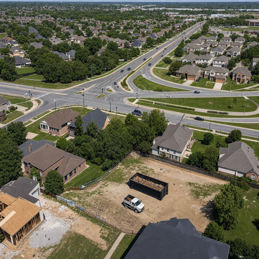 An overhead documentary view of the Helena metro area at midday, showing the spread of neighborhoods, arterial roads, and the dispatch radius from a central yard — clean daylight, organized geographic layout.