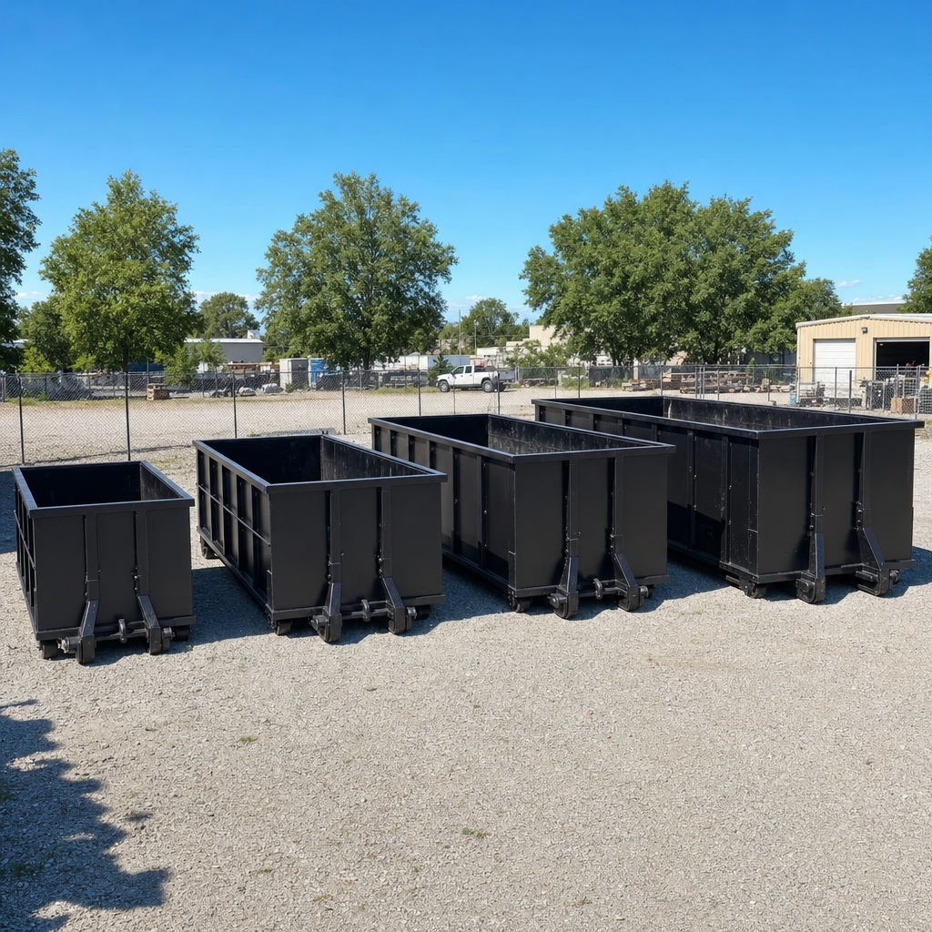 A clean lineup of matte-black roll-off dumpsters in 10, 20, 30, and 40-yard sizes staged on a sunlit gravel yard in Helena, showing the size progression from compact to commercial-scale containers.