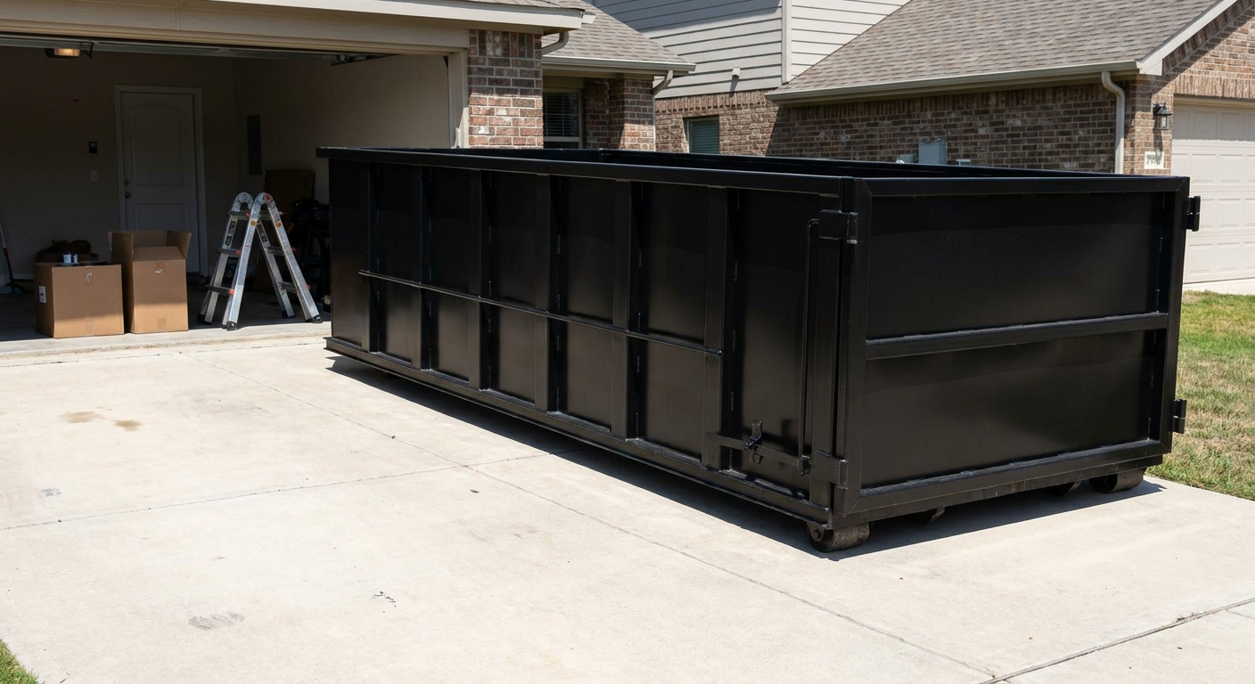 A matte-black 10-yard roll-off dumpster sitting directly on a residential Helena concrete driveway, mid-day sunlight, clean and ready for a garage cleanout.