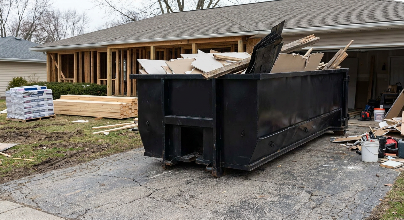 A matte-black 20-yard roll-off dumpster placed alongside a mid-renovation Helena home directly on the asphalt driveway, with framing materials and torn-off shingles staged neatly nearby.