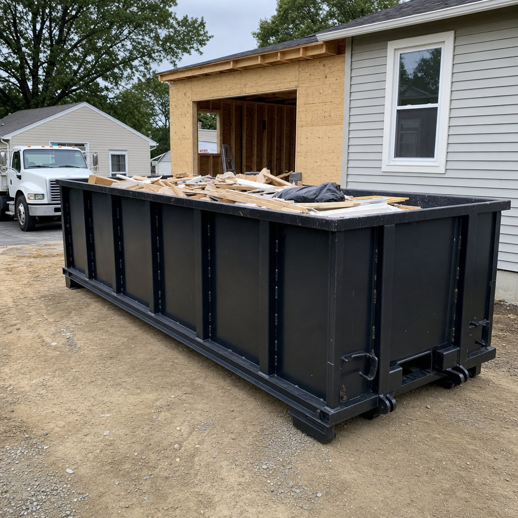 A matte-black 30-yard roll-off dumpster positioned at a Helena residential addition jobsite, with framing lumber and drywall scraps loaded through the open swinging rear doors.