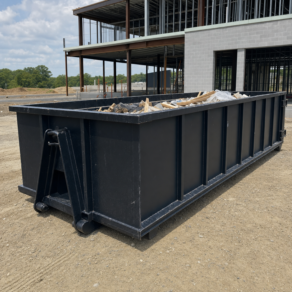 A matte-black 40-yard roll-off dumpster staged on a large Helena commercial construction lot, with a hooklift delivery truck parked alongside under bright midday sky.