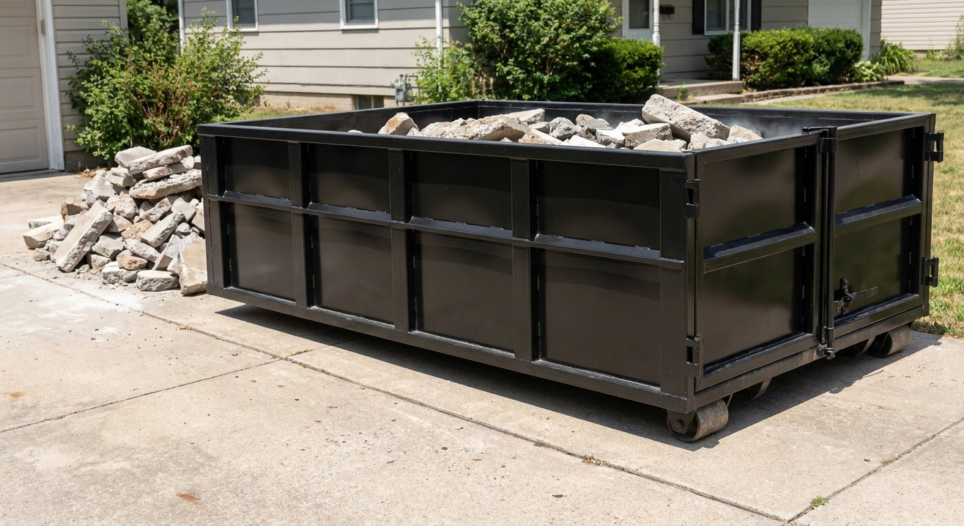 A matte-black low-side heavy-debris roll-off dumpster placed directly on a Helena concrete driveway, with broken concrete chunks neatly stacked beside it under clean daylight.